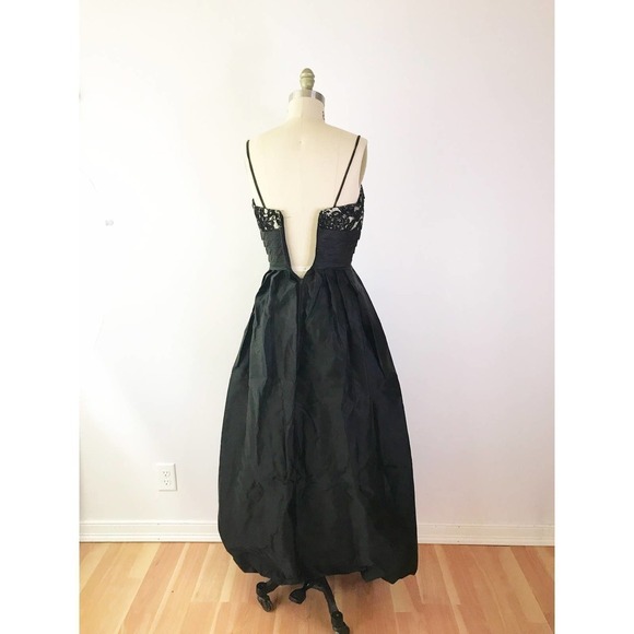 60s Formal Lace Dress Vintage Long Black Maxi Dress Structured Full Skirt Prom - Picture 4 of 10